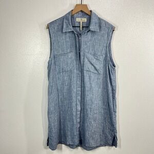 Crown Linen Designs Sleeveless Tunic Shirt Dress XL Blue 100% Linen Longline